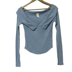 We The Free Blue Ribbed V Neck Long Sleeve Shirt Size XS Preppy Knit Boho